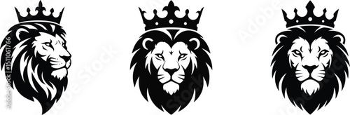 Three black and white lion head illustrations wearing crowns