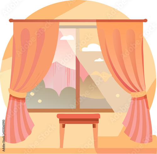 Illustration of a woman sitting on an antique chair in a luxurious vintage living room with classic furniture, a lamp, and light from a window with curtains