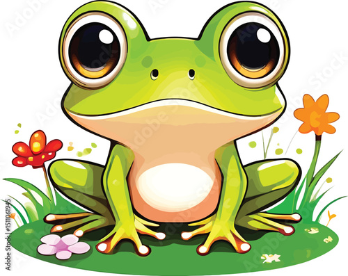 Adorable Green Frog Cartoon Illustration For Childrens Books And Educational Materials Cute Animal Character With Big Eyes In A Whimsical Flower Garden