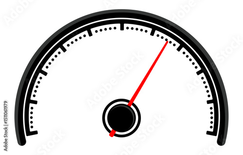 Minimalistic black speedometer with red arrow, simple dashboard gauge icon isolated on transparent background, flat vector illustration