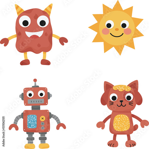 Cute cartoon monster sun robot and cat characters with smiling faces vector illustration