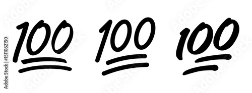 100 points emoji set vector collection in black color. 100 percent emoji. Hundred sticker isolated on white background.