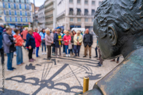 View of sculptures in Praca dos Restauradores in Lisbon city centre, Lisbon, Portugal, Europe