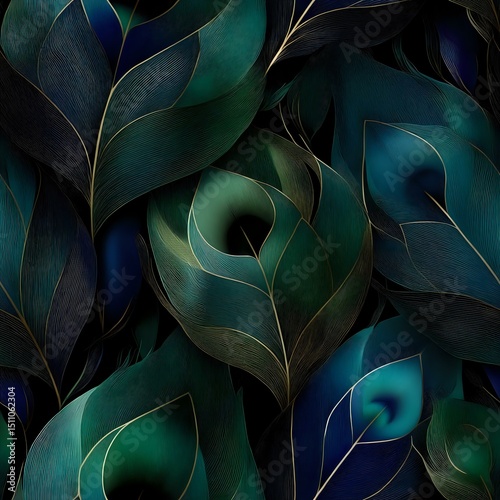 Wallpaper Mural Dark Teal Blue Green Peacock Feather Pattern with Gold Metallic Line and Swirl Torontodigital.ca