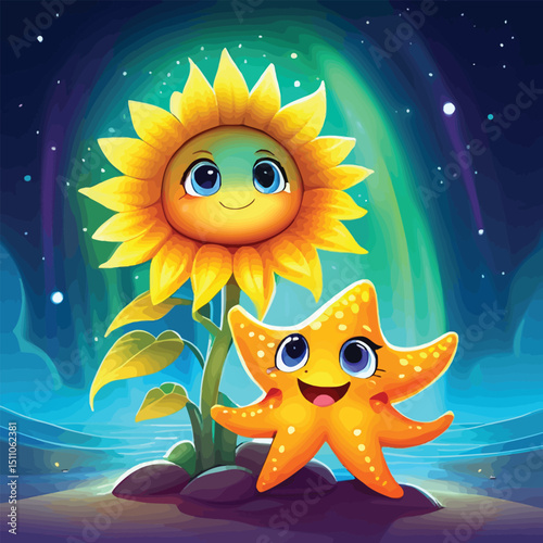 Cute Cartoon Sunflower And Starfish Friends Whimsical Vector Illustration For Childrens Books Nursery Decor And Educational Materials