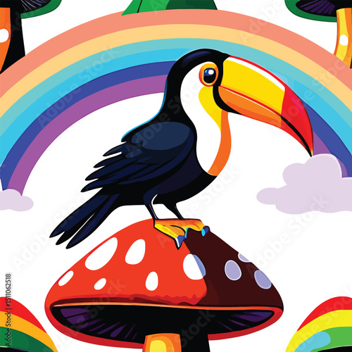 Cartoon Toucan Perched On Mushroom Whimsical Tropical Illustration For Childrens Books Colorful Wall Art And Playful Graphic Designs