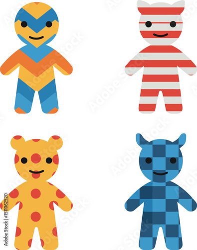 Colorful patterned cartoon dolls vector set with blue, orange, red, and yellow geometric designs for playful illustration