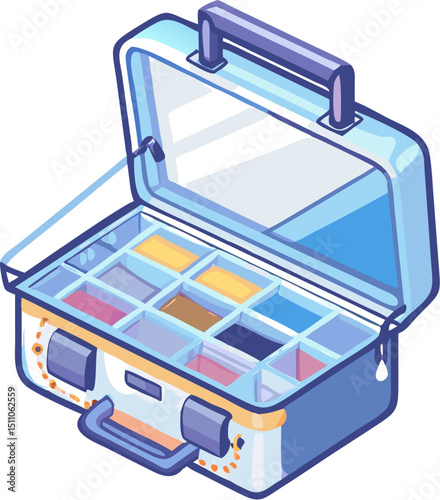 Open travel suitcase with laptop, an empty black leather container object