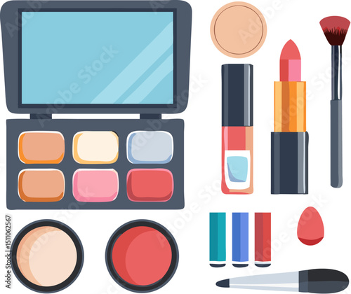 Glamourous beauty set with colorful eyeshadow palette, brushes, and compact powder for a perfect make-up application