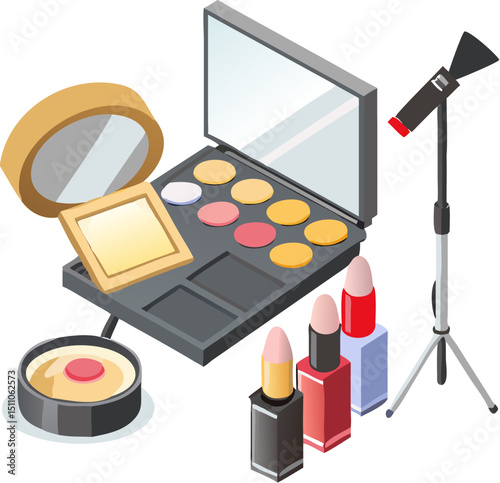 Glamorous cosmetic beauty products like a makeup set, brushes, and colorful eyeshadow palettes for face and eye glamour