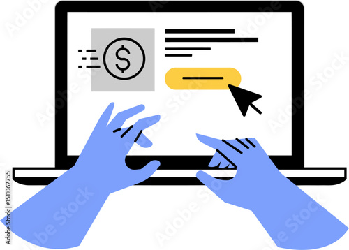 Online payment processing hands on computer making money transaction digital banking business finance 100 vector art illustration