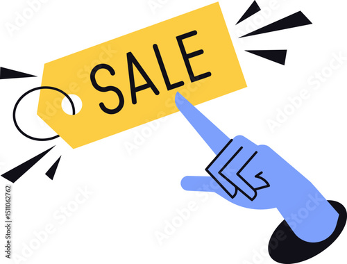 Sale tag graphic vector illustration with hand pointing for promotion and discount marketing offer vector art illustration