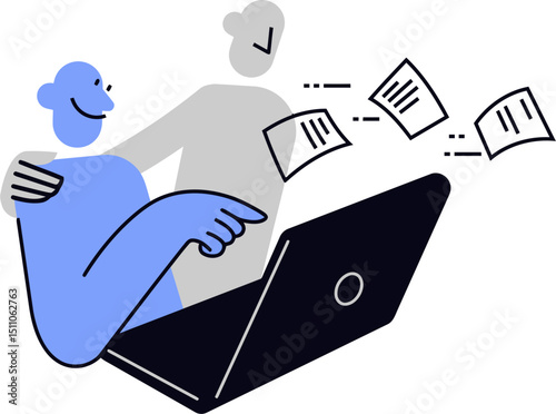 Illustration of teamwork collaboration using laptop for document management and file sharing system vector art illustration