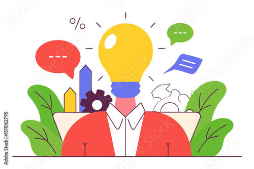 A character with a lightbulb for a head, surrounded by various business and communication icons, symbolizing idea generation and problem-solving.