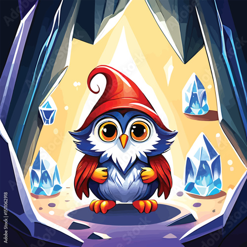 Whimsical Cartoon Owl Illustration Cute Fantasy Character In Crystal Cave For Childrens Books Game Design And Animated Videos Featuring Vibrant Colors And A Playful Inviting Aesthetic