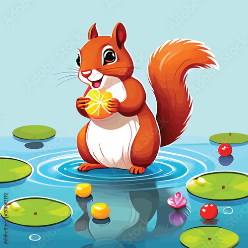 Cartoon Squirrel In Pond With Lemon Playful Vector Illustration For Childrens Books And Educational Resources