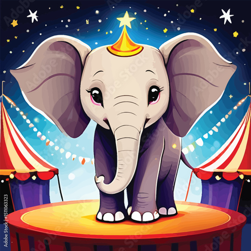 Adorable Circus Elephant On Stage Whimsical Cartoon Illustration For Childrens Books Animal Posters And Playful Backgrounds Featuring A Cute Elephant With A Star Hat Performing In A Colorful