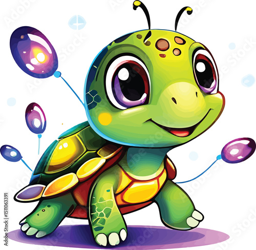 Whimsical Cartoon Turtle With Colorful Balloons Cheerful Illustration For Childrens Books Educational Materials And Animated Series