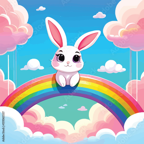 Whimsical Bunny On Rainbow Bridge Cute Cartoon Illustration For Childrens Decor Fantasy Art And Playful Design Projects With Vibrant Colors And Soft Dreamy Pastel Sky Background