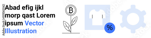 Bitcoin growing as a plant, t-shirt with discount percentage sign, gear showing productivity and innovation. Ideal for finance, e-commerce, retail, marketing, technology, strategy simple landing