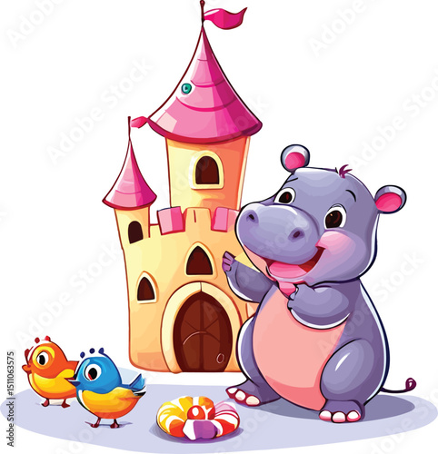 Cute Cartoon Hippo With Castle Colorful Illustration For Childrens Books Educational Material Party Invitations And Decor