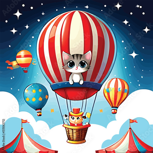 Cartoon Animal Hot Air Balloon Adventure Whimsical Illustration For Childrens Books And Educational Materials