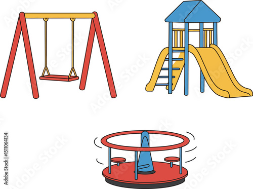 Playground equipment set with swing slide and merry-go-round in red yellow and blue vector illustration