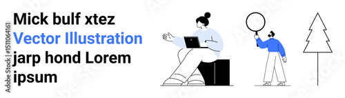 Woman sitting and typing on a laptop, child holding a balloon near a tree outline. Ideal for work-life balance, creativity, parenting, outdoor activities, minimalism, design concepts, simple landing