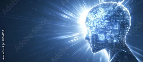 Abstract digital technology background with a globe and data connection concept, in a blue color theme, with white space in the center for text An AI robot head silhouette on the right Generative AI