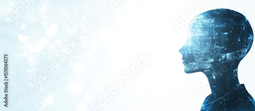 Abstract digital technology background with a globe and data connection concept, in a blue color theme, with white space in the center for text An AI robot head silhouette on the right Generative AI