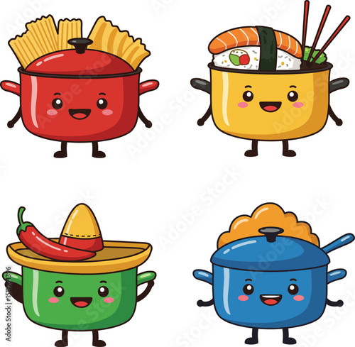 Cute cartoon cooking pots and sushi food characters with happy faces and accessories vector illustration