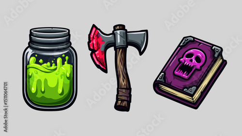 Tools of the mystical craft include a jar of potion, an axe, and a spellbook with skull design