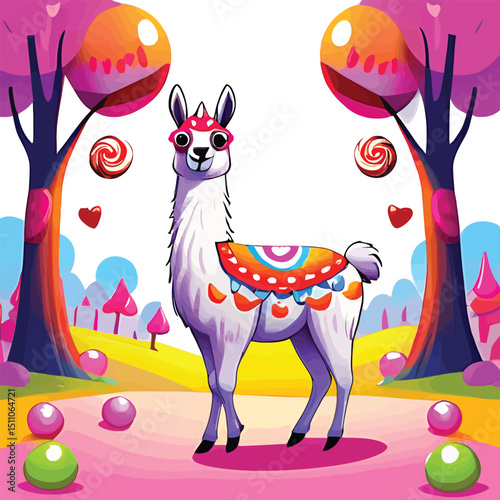 Whimsical Cartoon Llama In A Candy Landscape Playful Vector Illustration For Childrens Books Party Invitations And Sweet Themed Designs