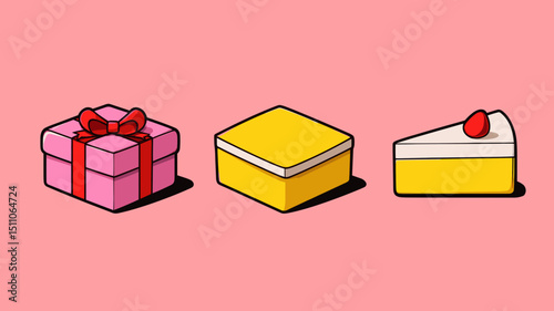 Colorful cartoon gifts and dessert on pink background with eye-catching design celebrating a joyful occasion in a playful style