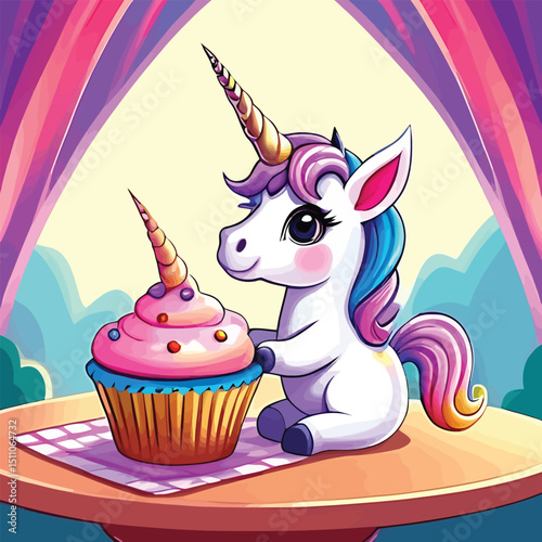 Cartoon Unicorn With Cupcake Whimsical Fantasy Illustration For Childrens Books Party Invitations And Birthday Cards Vector Graphic Style