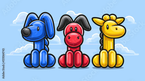 Colorful balloon animal creations featuring a blue dog, red horse, and yellow giraffe against a bright blue sky