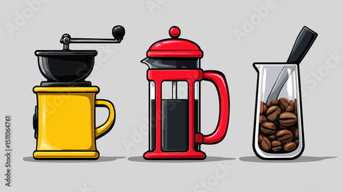 Coffee preparation tools showcased in vibrant colors in an artistic display of brewing equipment for enthusiasts and home baristas