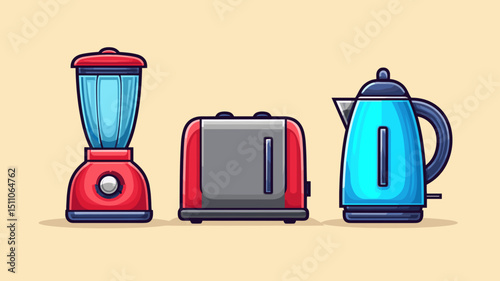 Kitchen appliances showcase including a blender, toaster, and kettle in vibrant colors on a neutral background