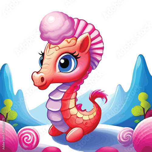 Cute Cartoon Seahorse Vector Illustration For Childrens Books Animated Series And Fantasy Games Adorable Pink And Purple Candy Inspired Character With Big Blue Eyes In A Whimsical Landscape