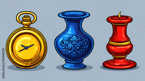 Various decorative items including a vintage clock, ornate vase, and a colorful candle holder on a plain background