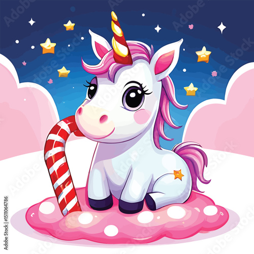 Cute Unicorn With Candy Cane Whimsical Cartoon Character For Childrens Books Nursery Decor Fantasy Illustrations