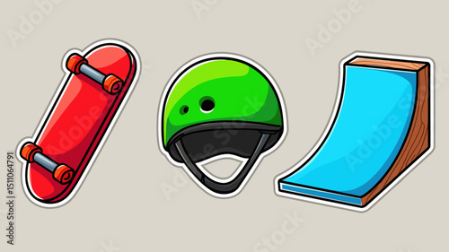 Colorful skateboarding gear displayed on a simple background featuring a skateboard, helmet, and ramp