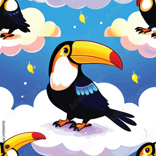Whimsical Toucan Cartoon Vector Pattern Vibrant Bird Illustrations On Blue Sky Background For Childrens Designs Fabric Prints And Animated Graphics