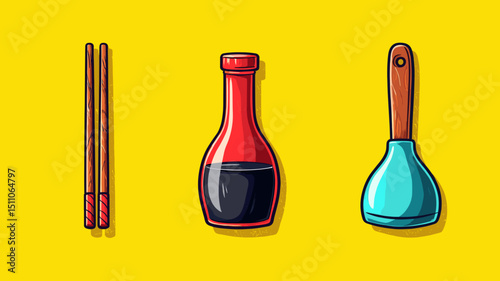 Colorful kitchen tools displayed against a yellow background featuring chopsticks, sauce bottle, and cooking utensil