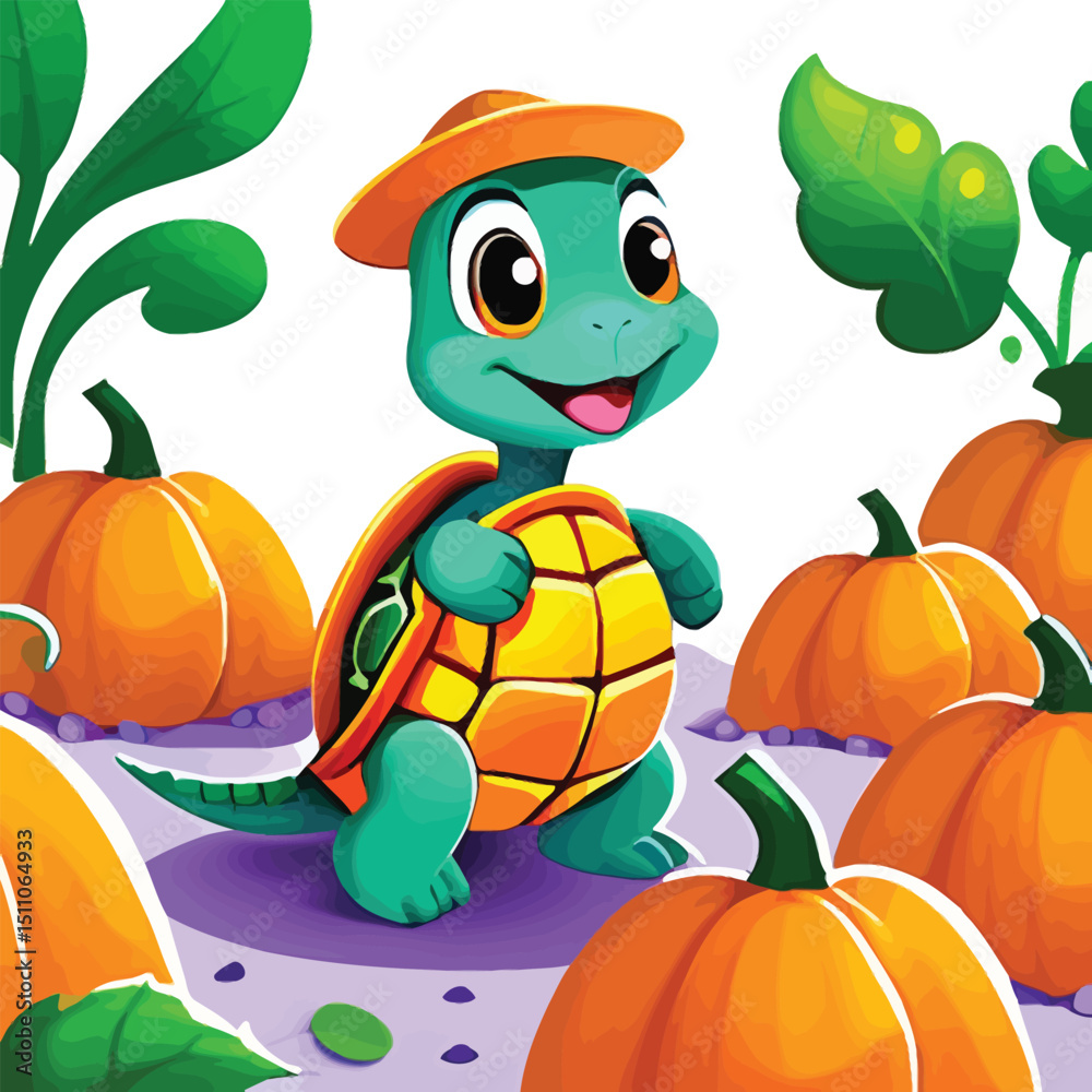 Obraz premium Cartoon Turtle In Pumpkin Patch Cheerful Vector Illustration For Childrens Books Educational Resources And Fall Themed Designs Cute Whimsical And Colorful Autumn Harvest Scene