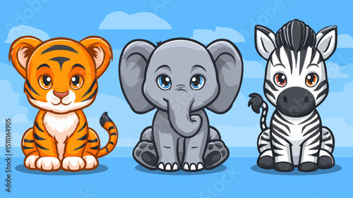 Cute cartoon animals gather together in a bright, colorful background showcasing a tiger, elephant, and zebra