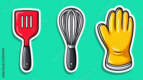 Kitchen utensils featuring spatula, whisk, and rubber glove on a bright background for cooking enthusiasts