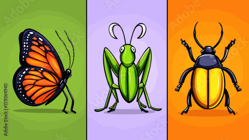 Colorful insects displayed in a vibrant illustration highlighting nature's diversity and beauty
