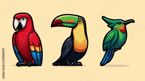 Colorful tropical birds lined up in a playful illustration showcasing their vibrant features and distinct appearances