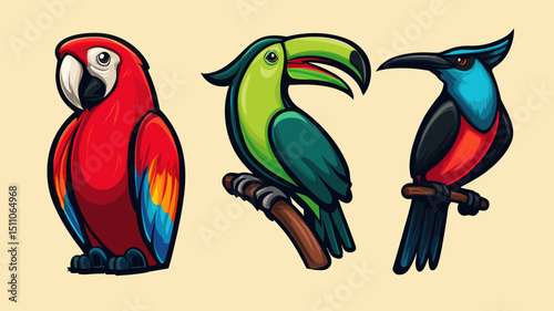 Colorful tropical birds perched on branches against a neutral background showcasing vibrant plumage and unique features